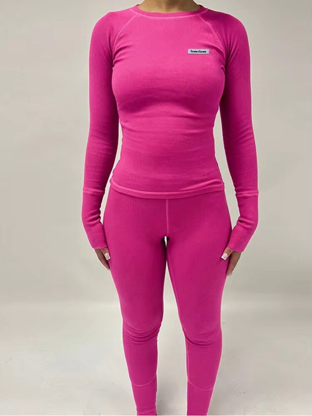 Seamless Thermal Long Sleeve Top & Legging Set - Hot Pink/Black